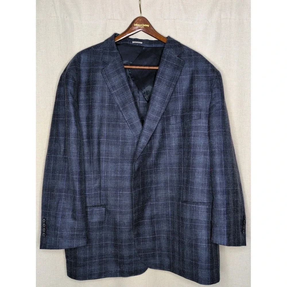 Joseph Abboud Heritage Sport Coat Mens 54R Navy Windowpane Wool Silk Linen